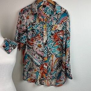 Rafaella Studio semi sheer tropical batik tribal elegant button down blouse, M